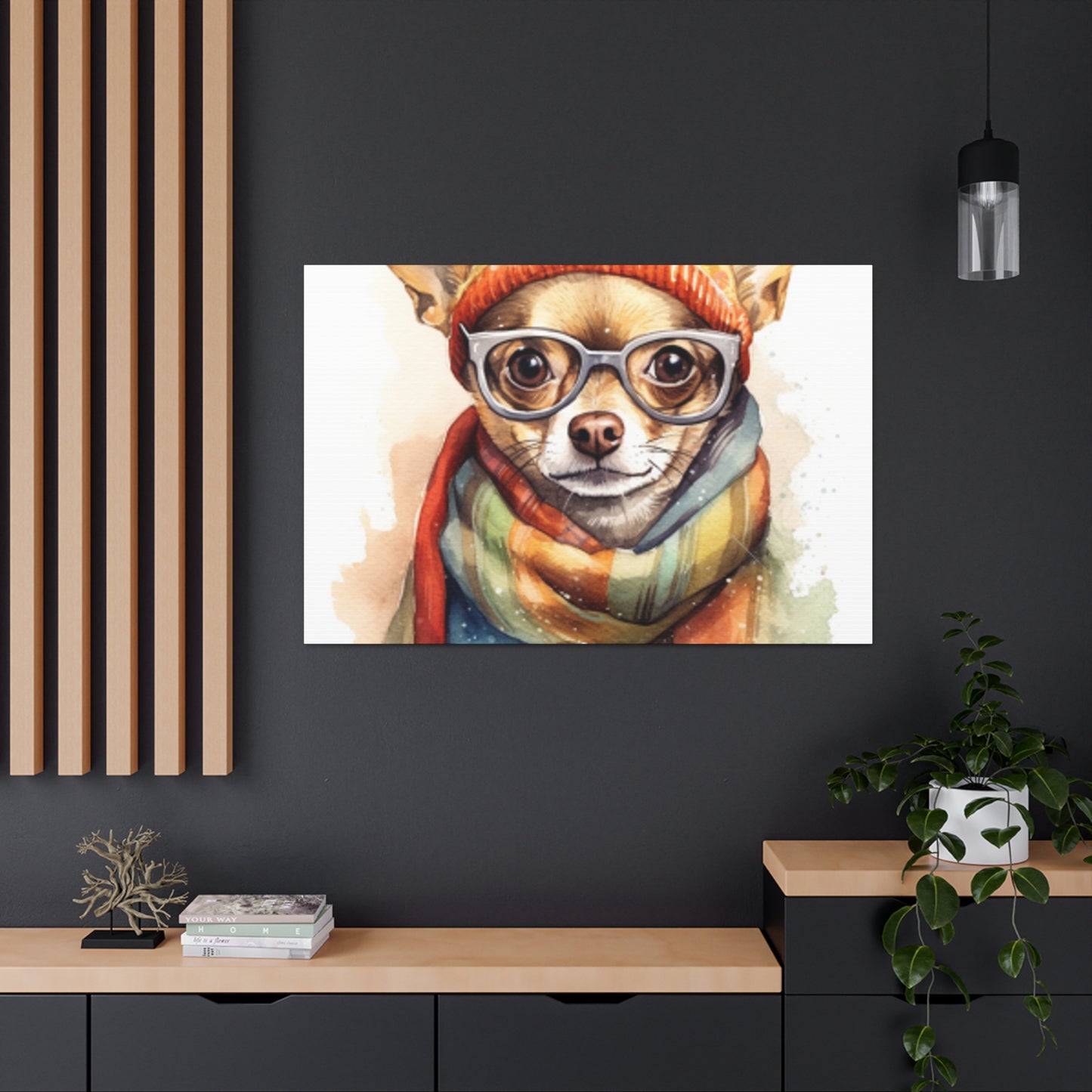 Chihuahua In Orange Beanie, Glasses And Scarf- Large Wall Art