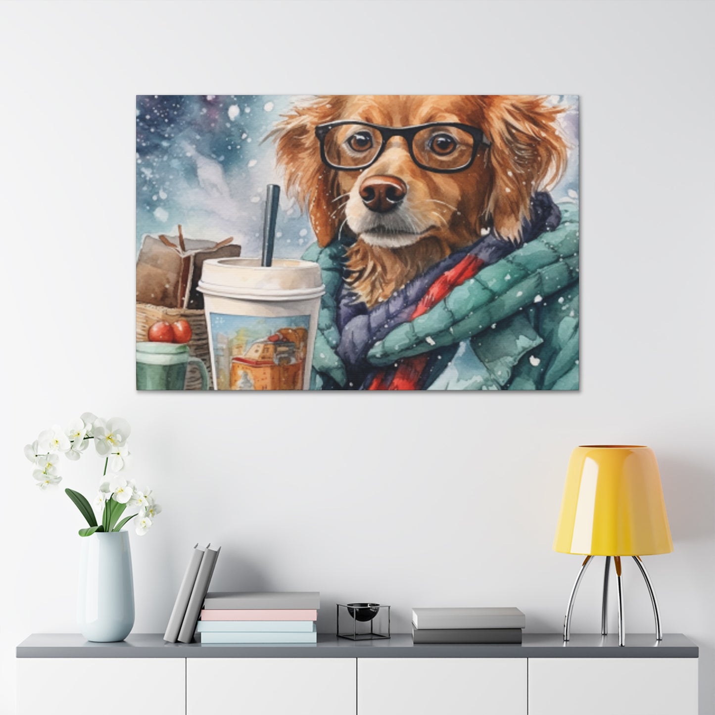 Dog In Glasses Taking A Lunch Break In The Snow- Large Wall Art