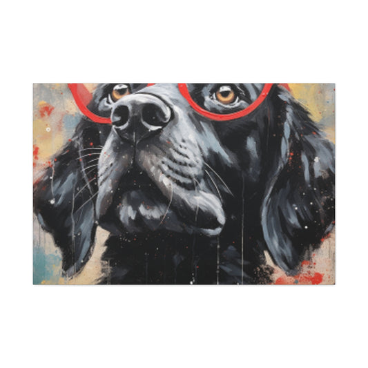 Black Dog In Red Glasses And Red Collar  - Large Wall Art