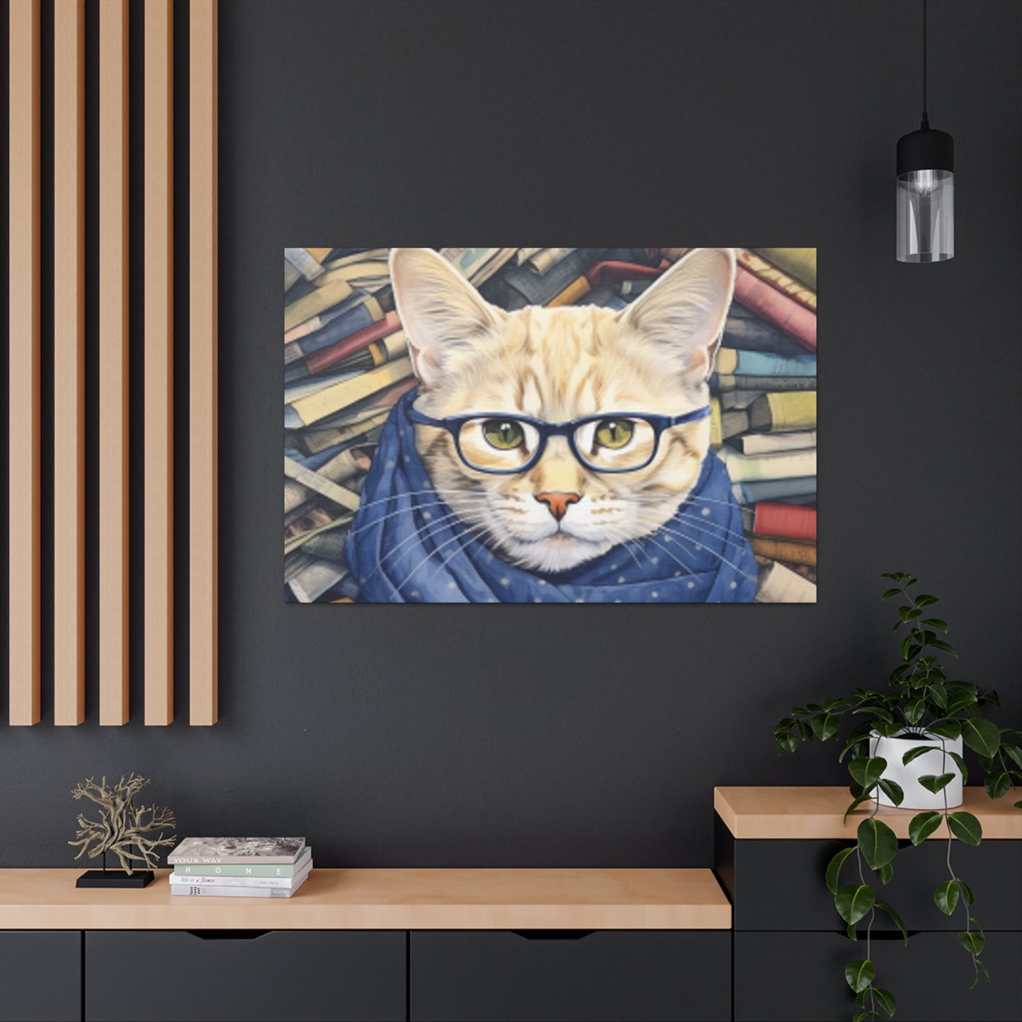 Bookworm Kitty With Glasses And Scarf - Large Wall Art