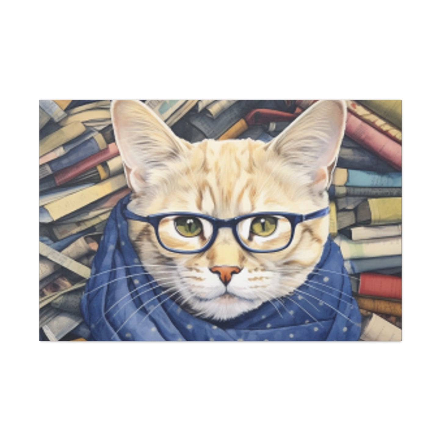 Bookworm Kitty With Glasses And Scarf - Large Wall Art