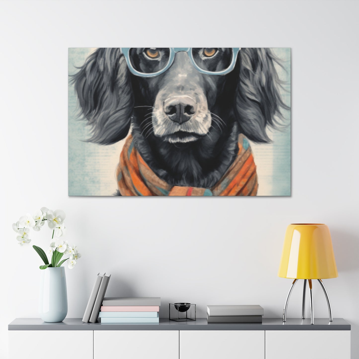 Black Dog In Glasses, Shades Of Blue- Large Wall Art