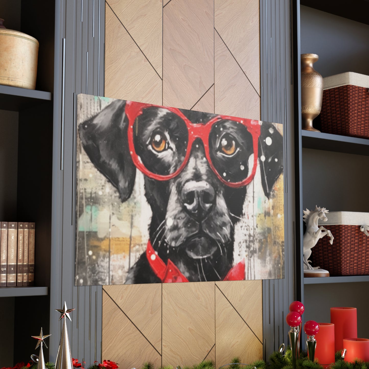 Black Dog, Red Glasses And Red Bow Tie - Large Wall Art