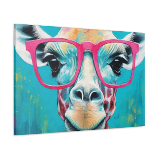 Happy Giraffe In Big Pink Glasses With Bright Blue Background - Large Wall Art