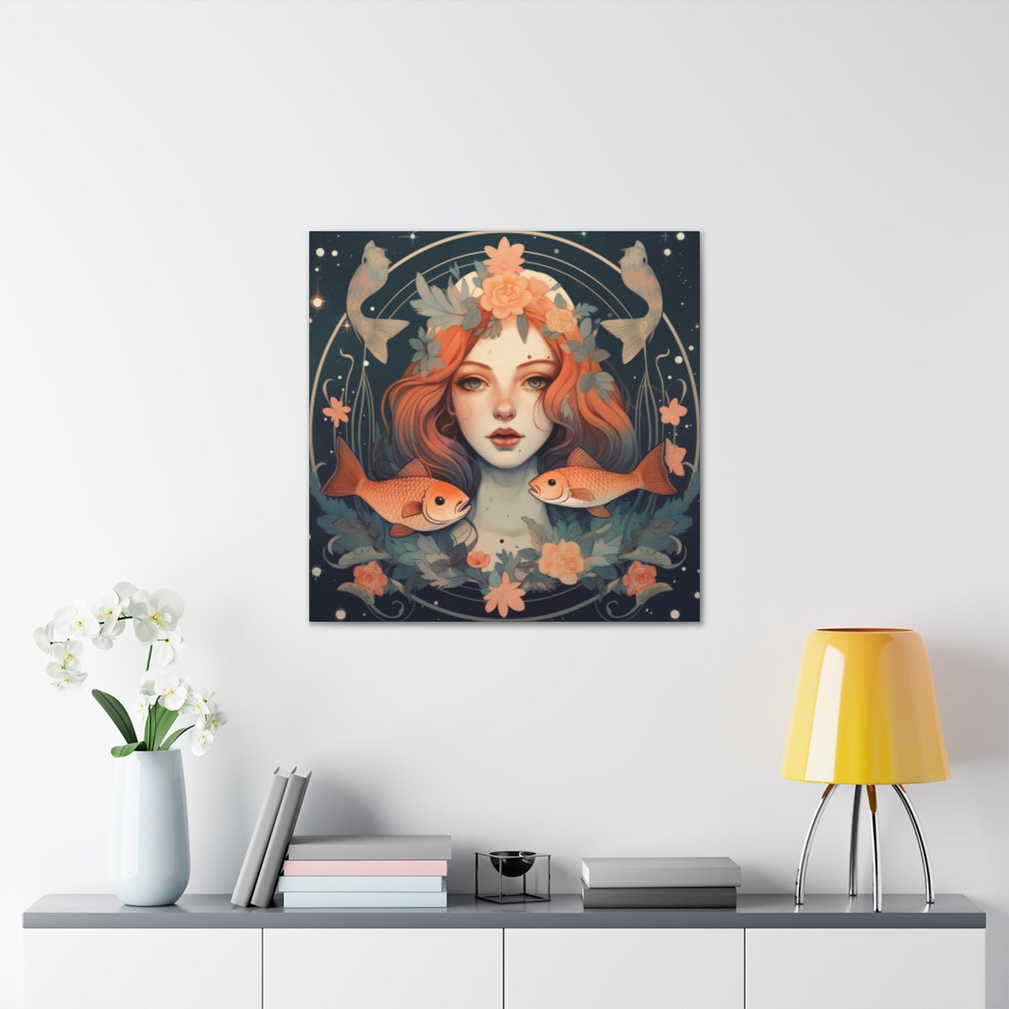 Astrology, Lofi, Peaceful Pisces Girl And Fish - Large Wall Art