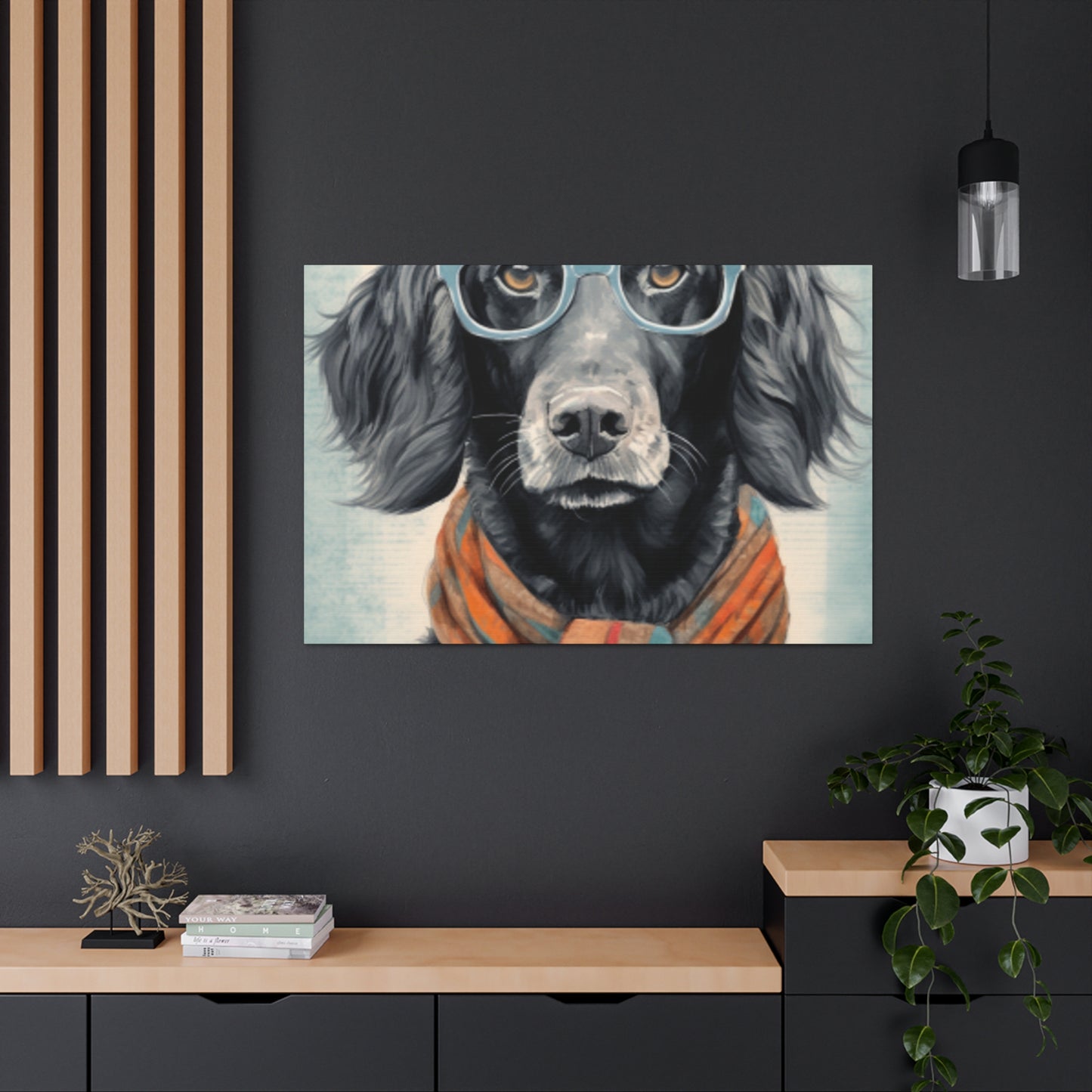 Black Dog In Glasses, Shades Of Blue- Large Wall Art