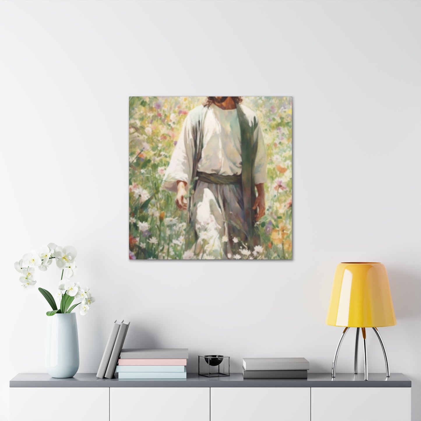 Jesus Admiring God's Beautiful Flowers  - Large Wall Art