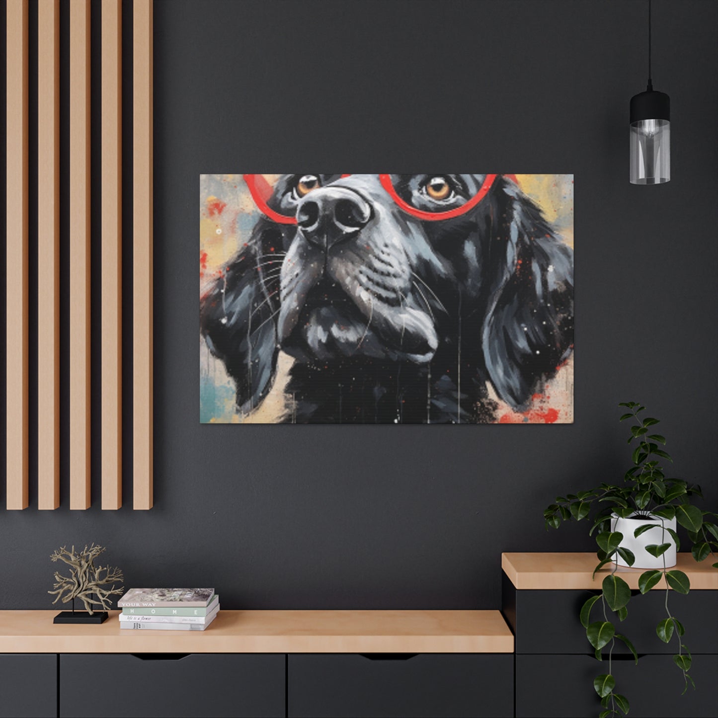 Black Dog In Red Glasses And Red Collar  - Large Wall Art