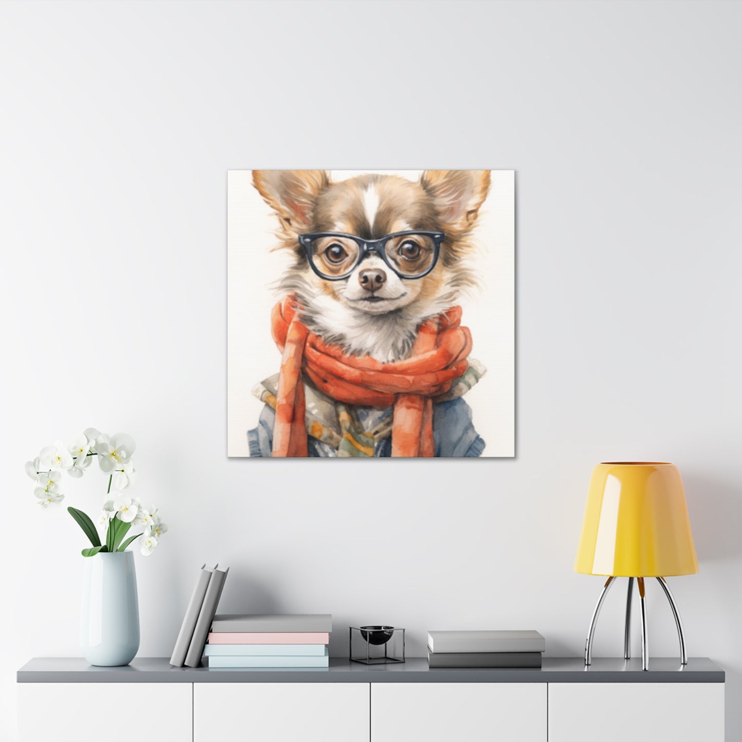 Fluffy Stylish Chihuahua With Glasses, Scarf And Denim - Large Wall Art