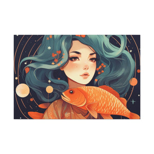 Lofi Style Girl And Her Fish, Pisces - Large Wall Art