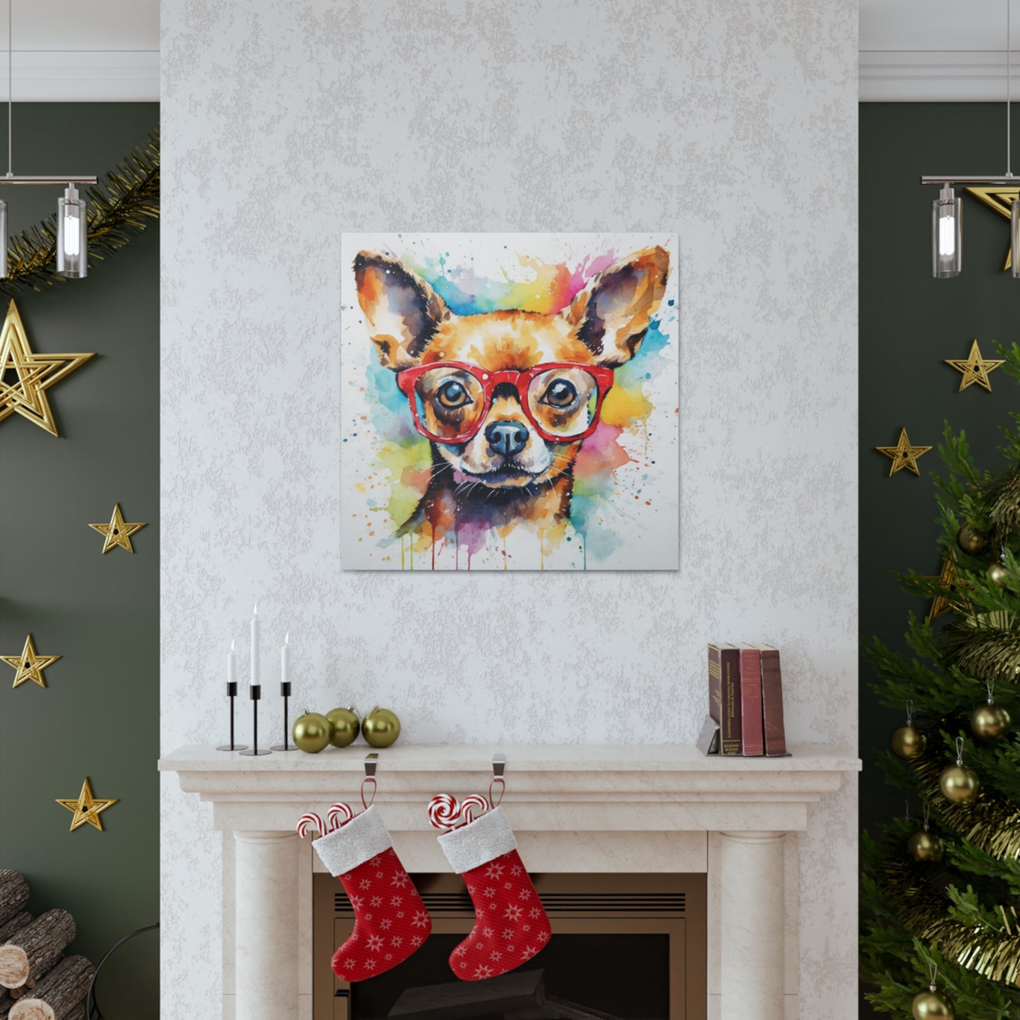 Painting Of A Brown Chihuahua In Glasses, Multi Colored Water Paint Background - Large Wall Art