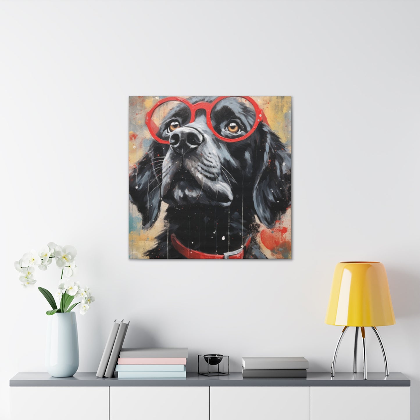 Black Dog In Red Glasses And Red Collar  - Large Wall Art