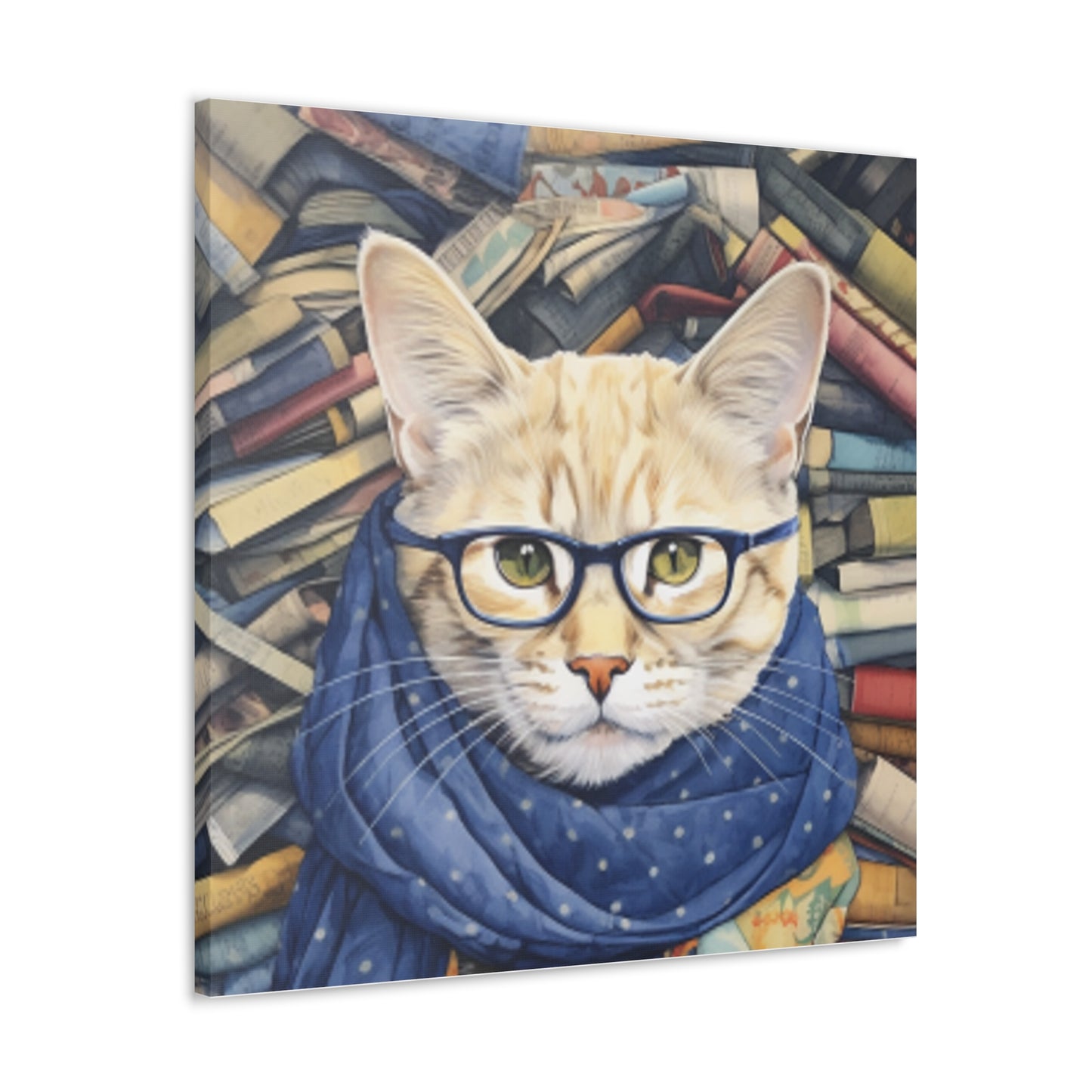 Bookworm Kitty With Glasses And Scarf - Large Wall Art