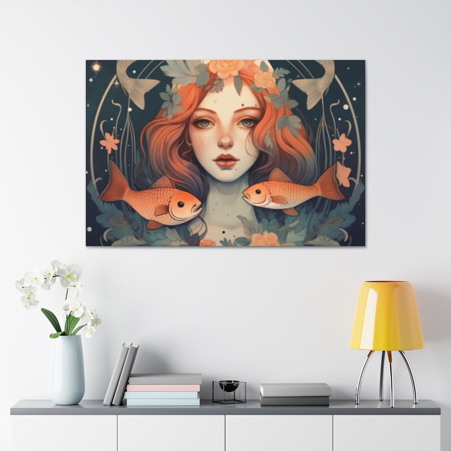 Astrology, Lofi, Peaceful Pisces Girl And Fish - Large Wall Art