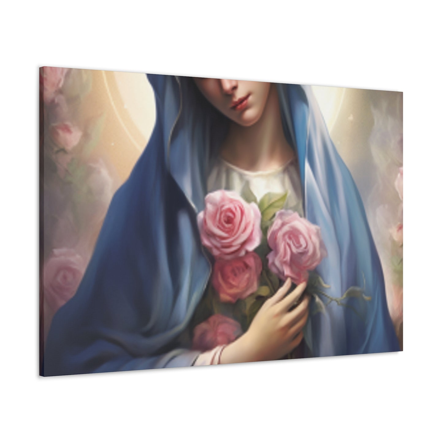 Heavenly Glow Around The Virgin Mary Holding Pink Roses - Large Wall Art