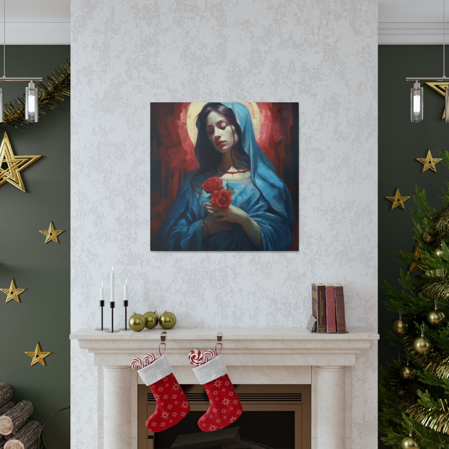 The Virgin Mary With Roses And Golden Glow- Large Wall Art