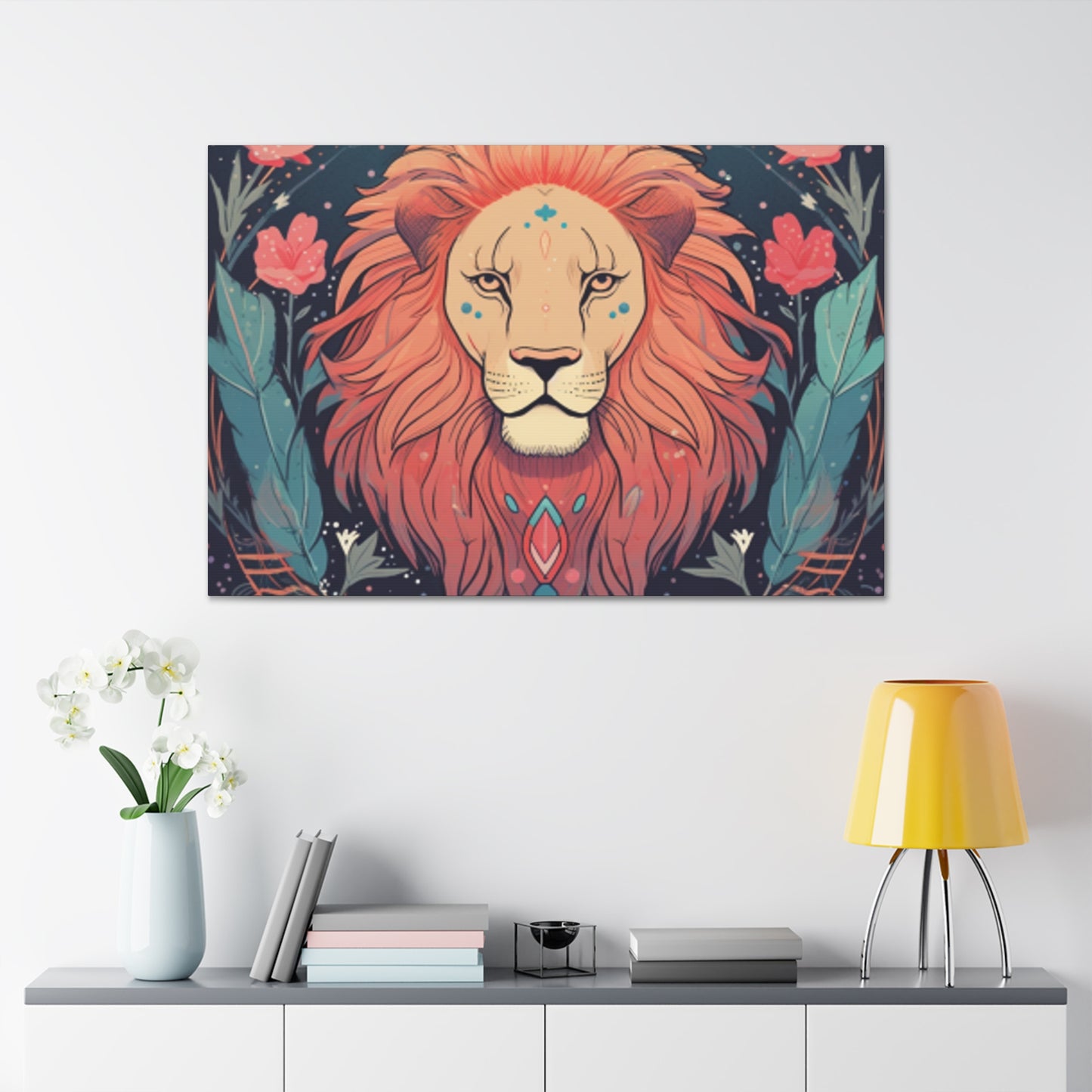 Lofi Style Leo With Flowers And Feathers - Large Wall Art