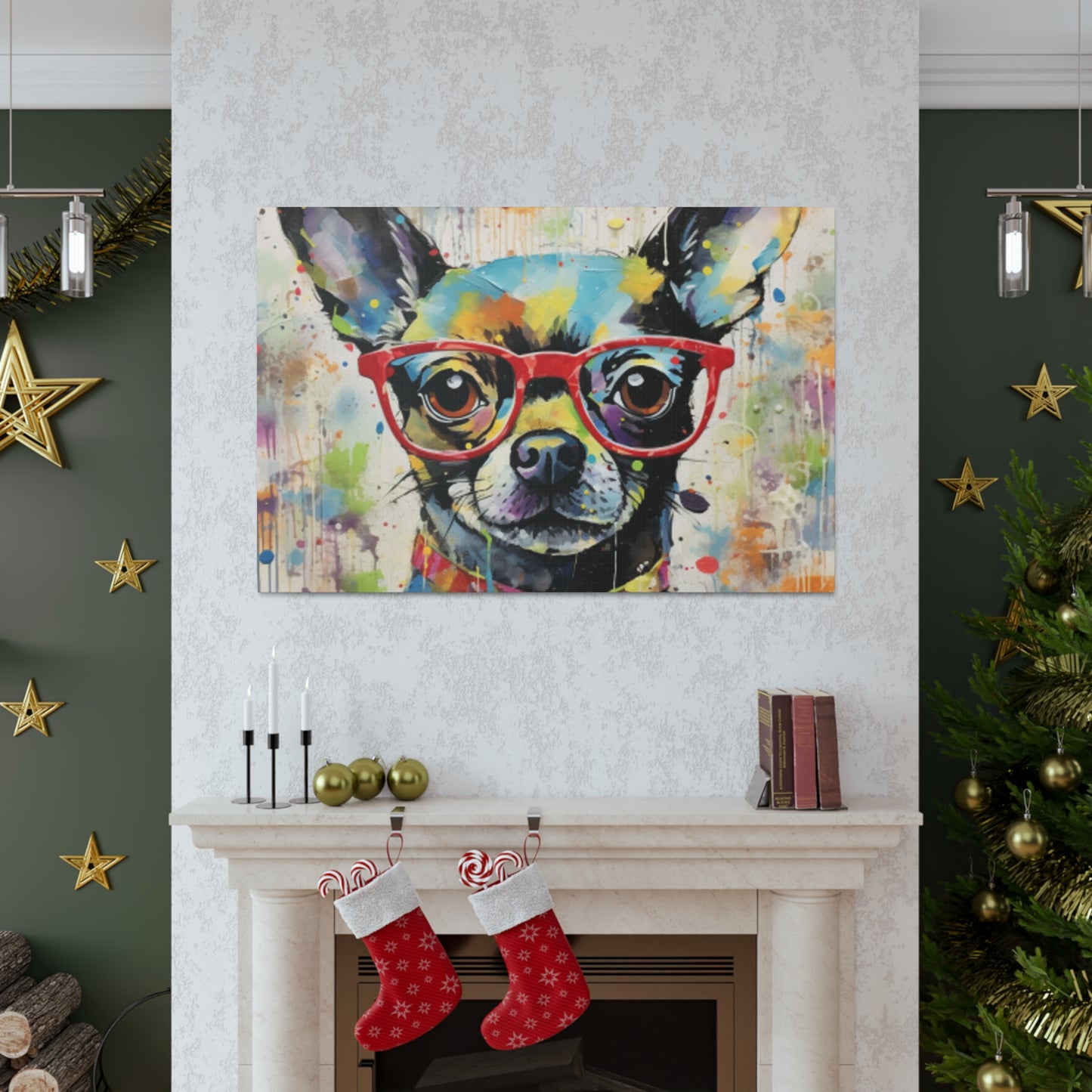 Colorful Painting Of Chihuahua In Red Glasses - Large Wall Art