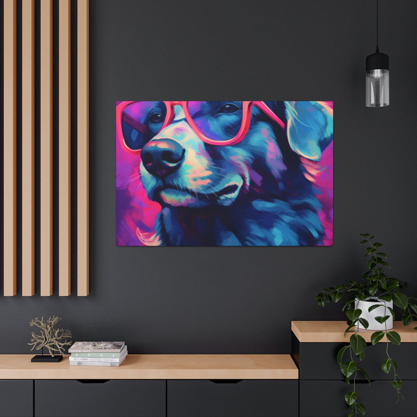 Blue And Purple Dog With Purple Background In Pink Glasses- Large Wall Art