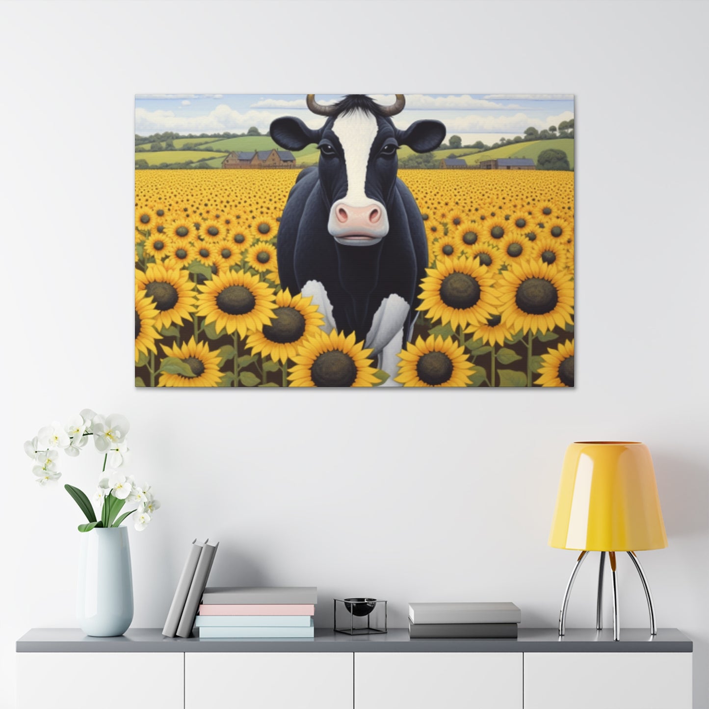 Cute Cow In Sunflower Field- Large Wall Art