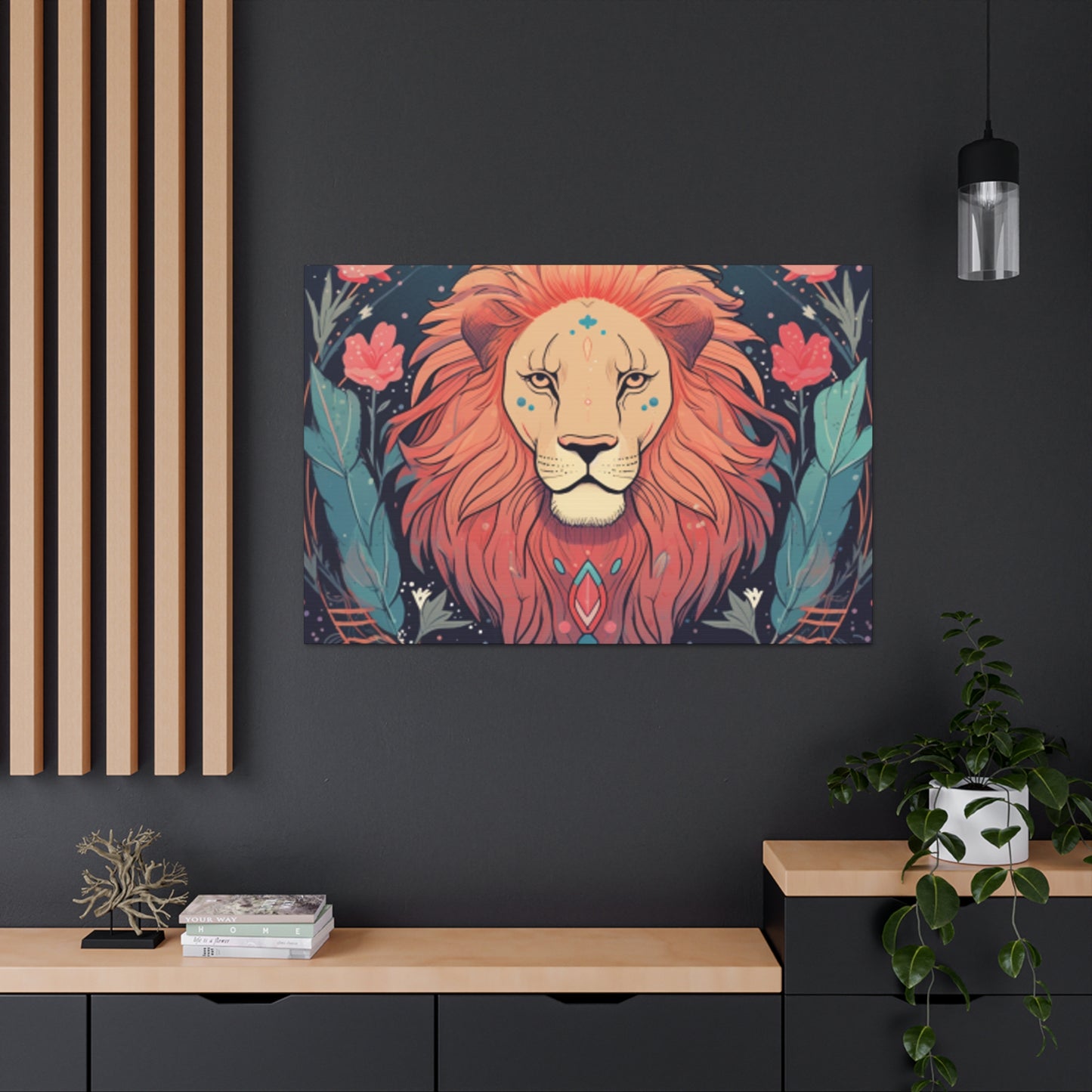 Lofi Style Leo With Flowers And Feathers - Large Wall Art