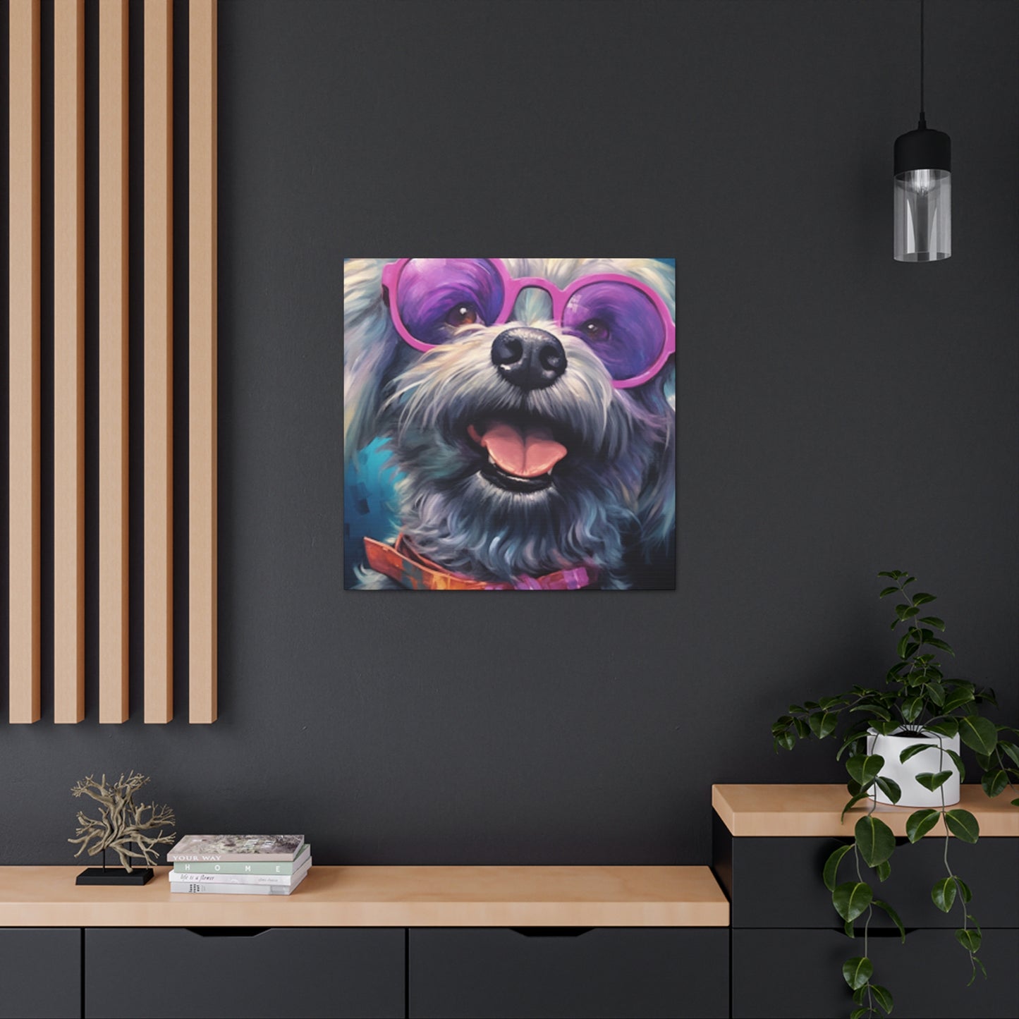 Happy Dog With Big Purple Glasses - Large Wall Art