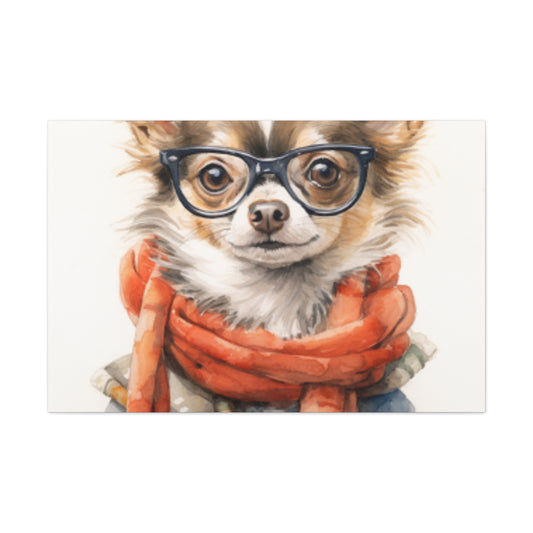 Fluffy Stylish Chihuahua With Glasses, Scarf And Denim - Large Wall Art