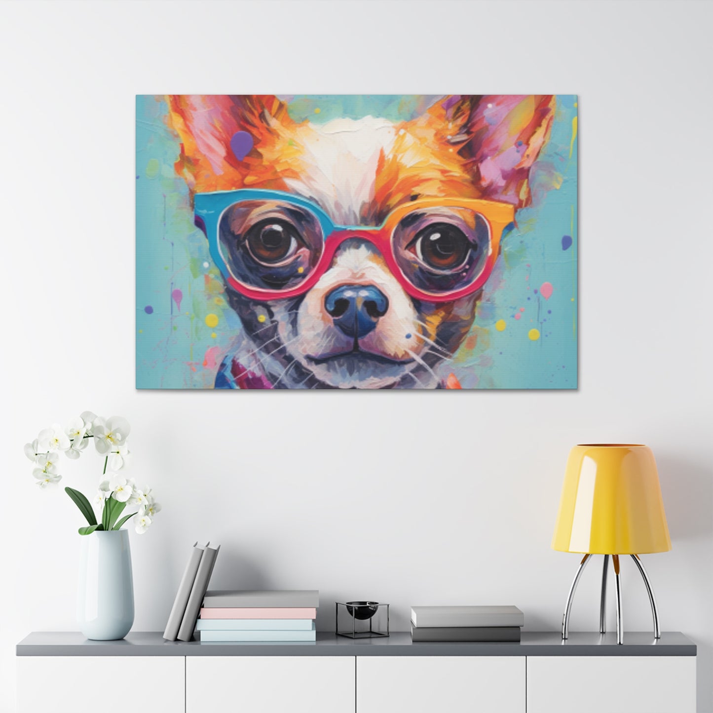 Sweet Chihuahua In Multi Colored Glasses, Paint Drops- Large Wall Art