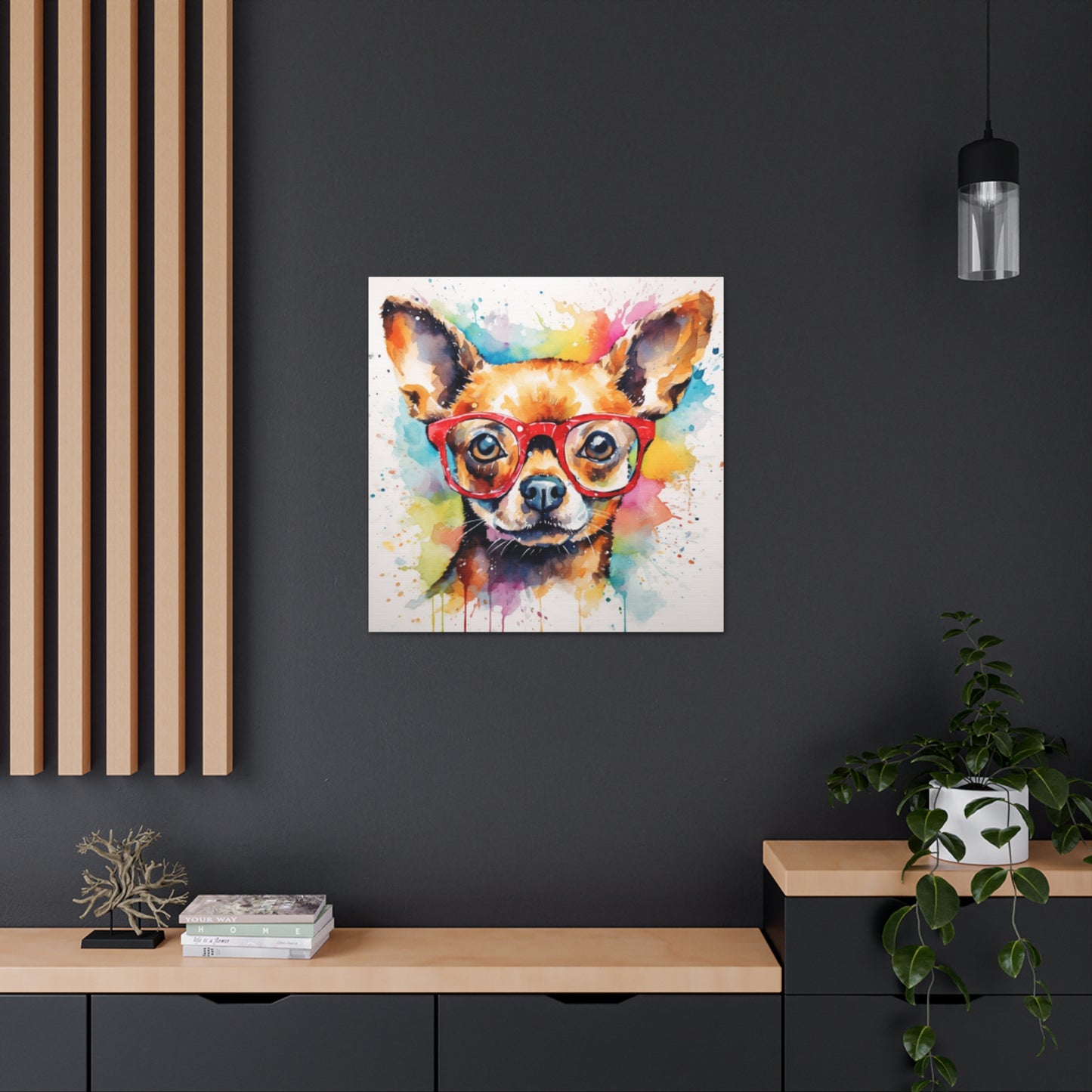 Painting Of A Brown Chihuahua In Glasses, Multi Colored Water Paint Background - Large Wall Art