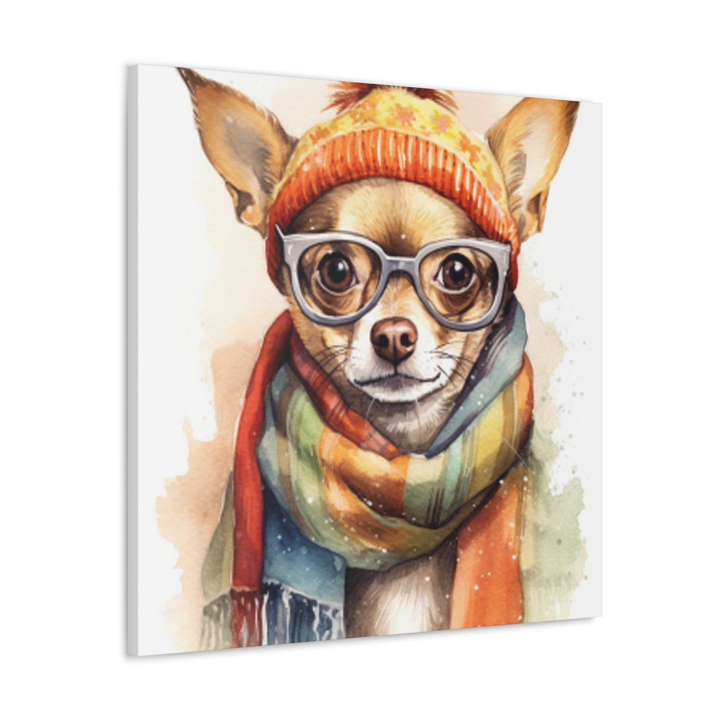 Chihuahua In Orange Beanie, Glasses And Scarf- Large Wall Art