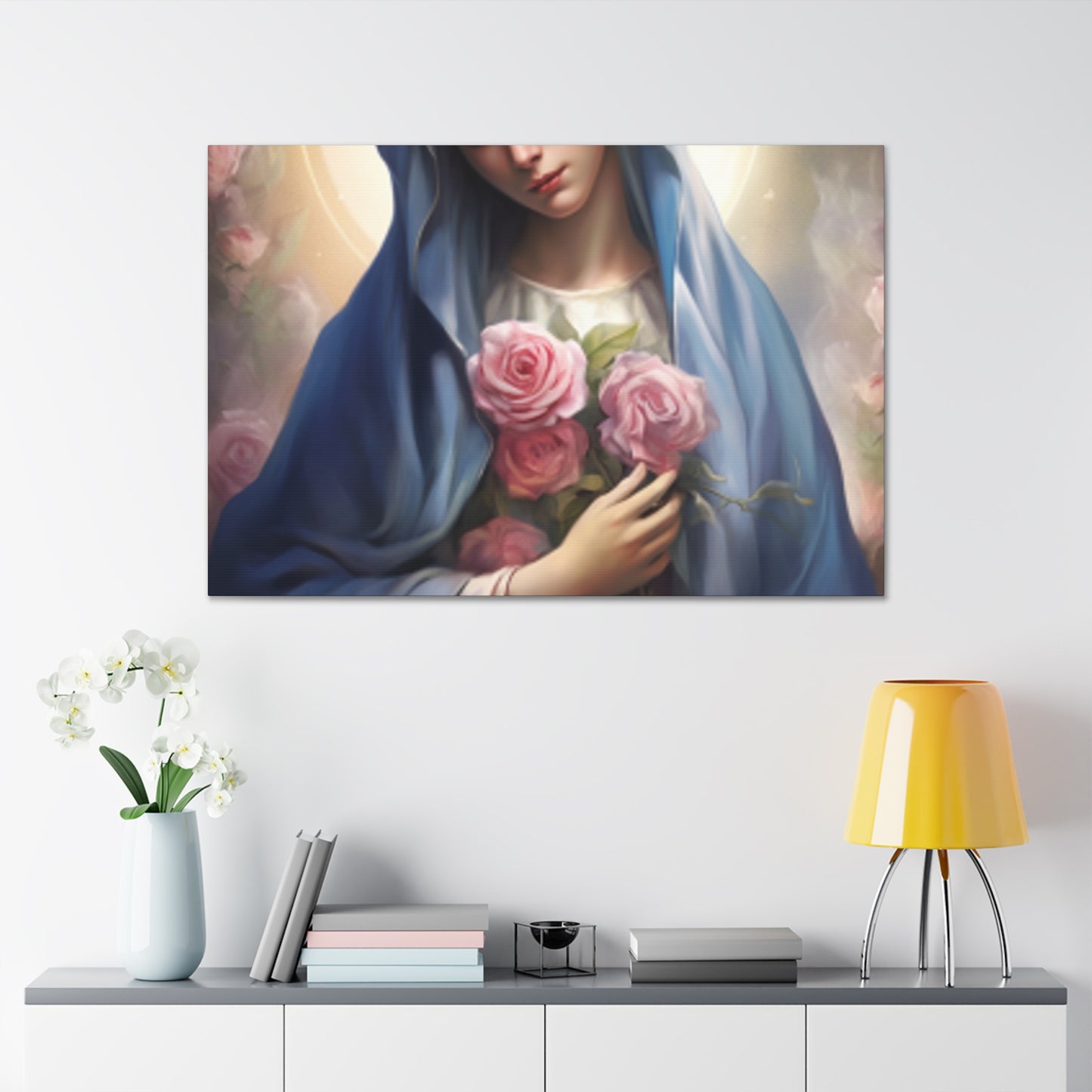 Heavenly Glow Around The Virgin Mary Holding Pink Roses - Large Wall Art