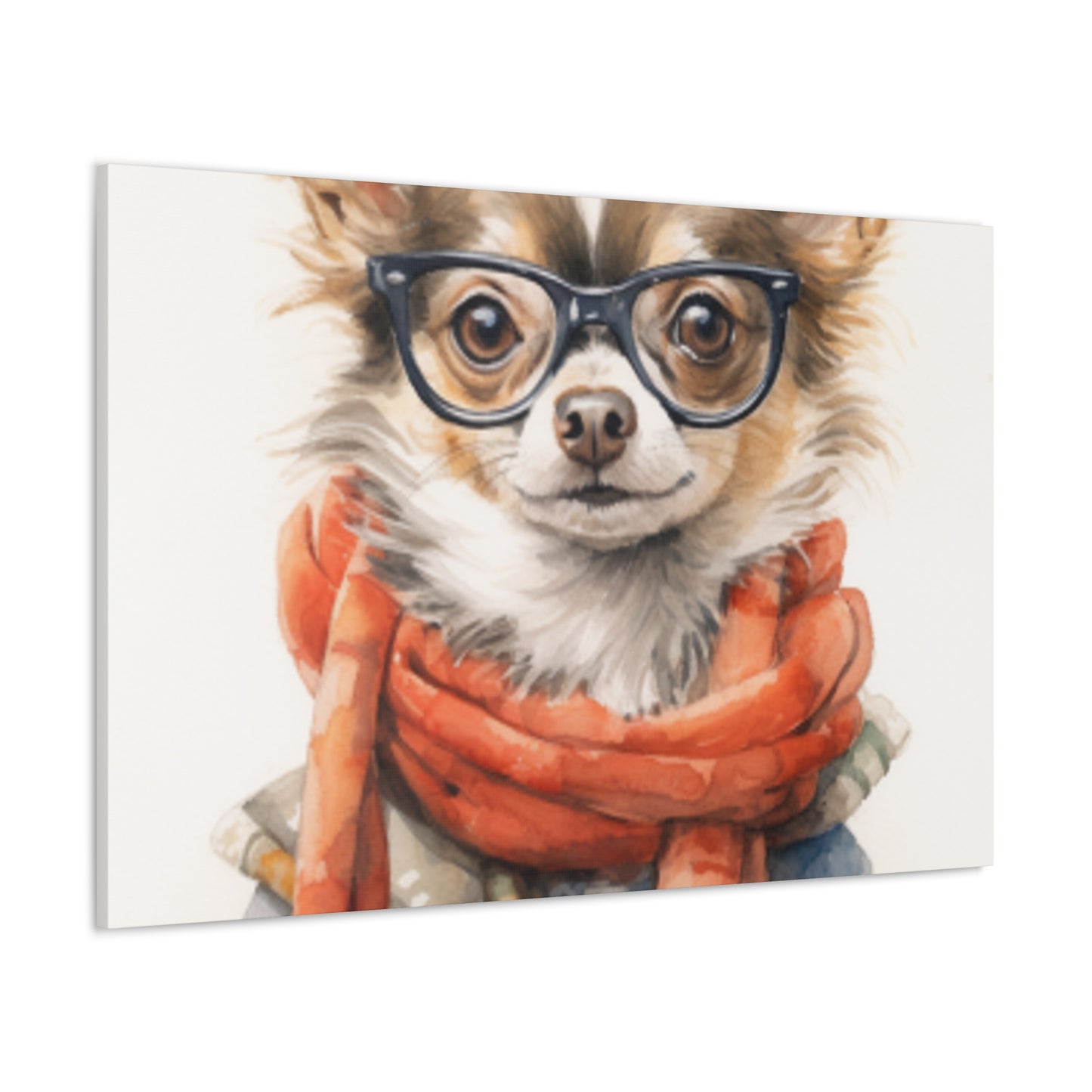 Fluffy Stylish Chihuahua With Glasses, Scarf And Denim - Large Wall Art