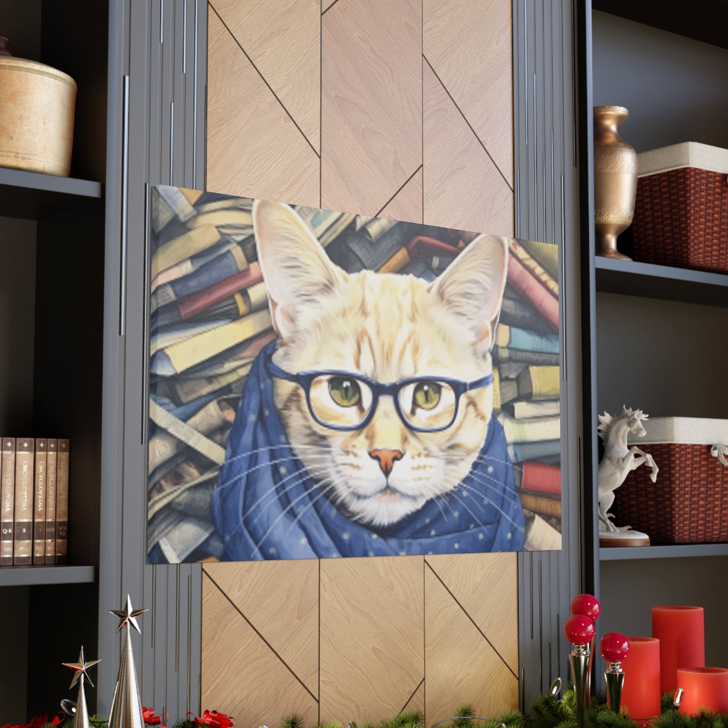 Bookworm Kitty With Glasses And Scarf - Large Wall Art