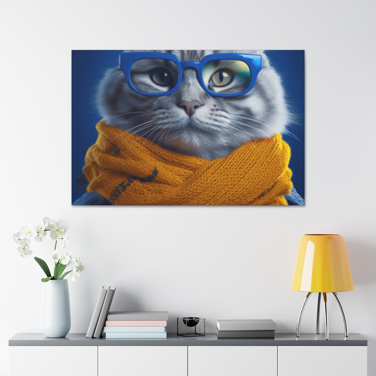 Why So Blue , Kitty Cat In Mustard Yellow Scarf - Large Wall Art