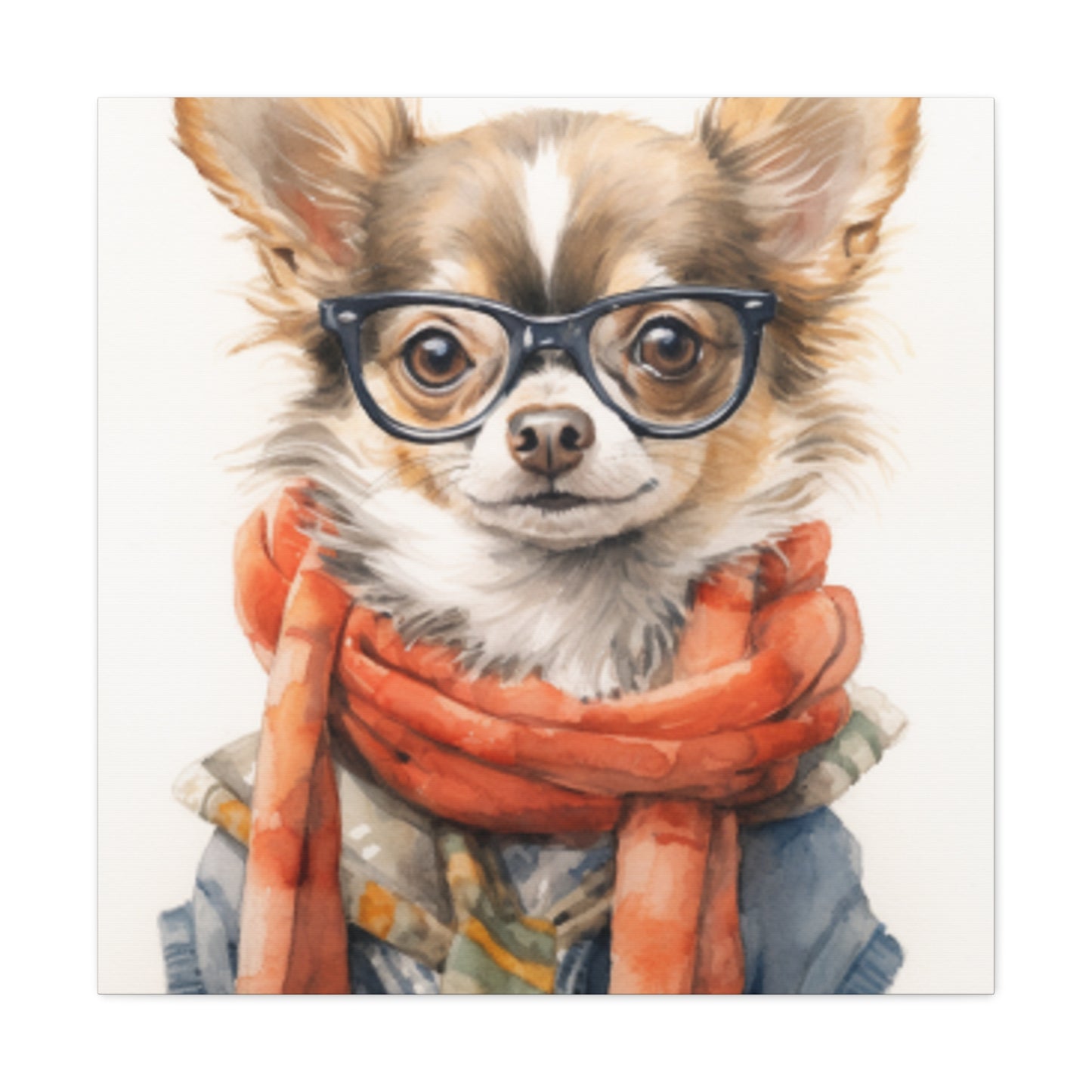 Fluffy Stylish Chihuahua With Glasses, Scarf And Denim - Large Wall Art