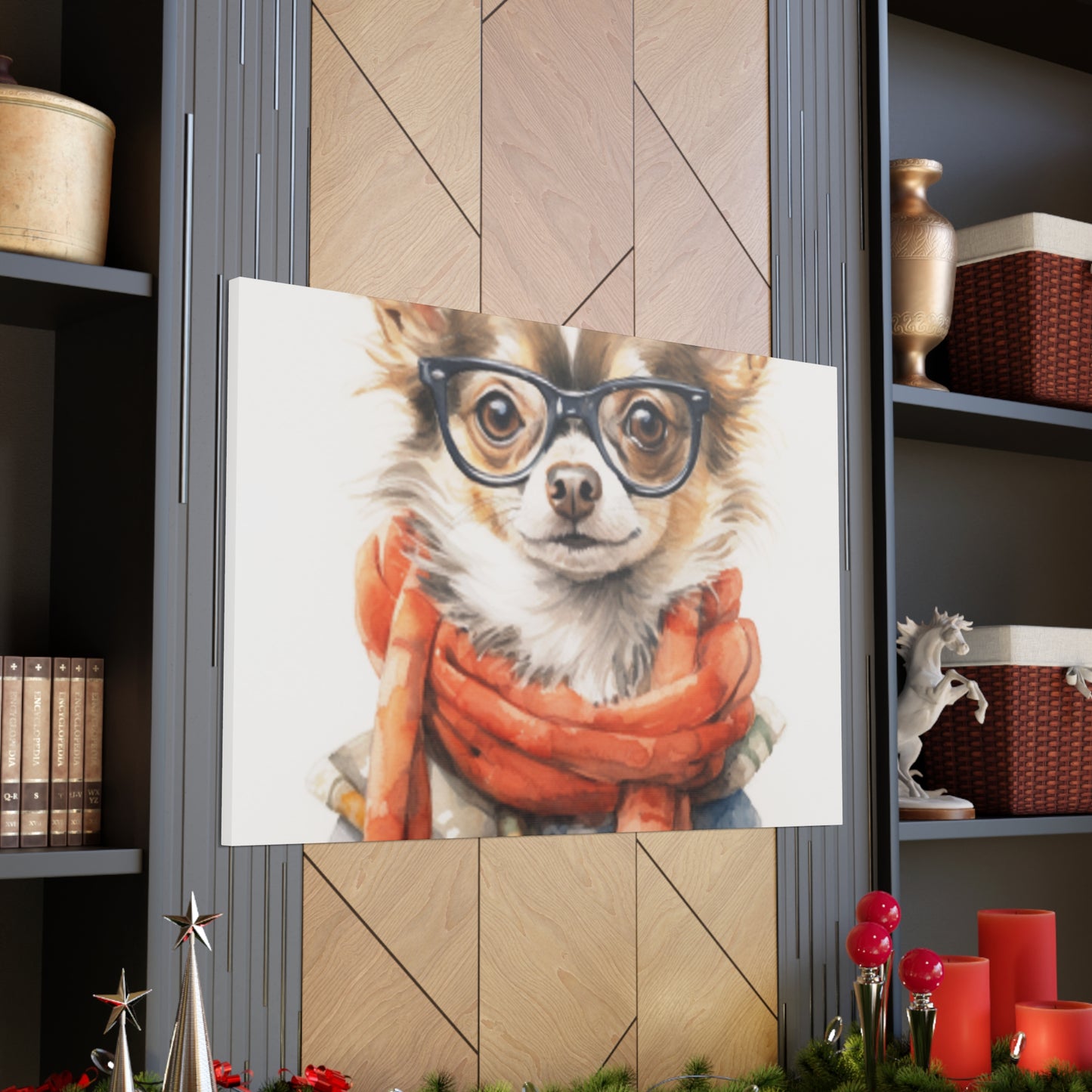 Fluffy Stylish Chihuahua With Glasses, Scarf And Denim - Large Wall Art