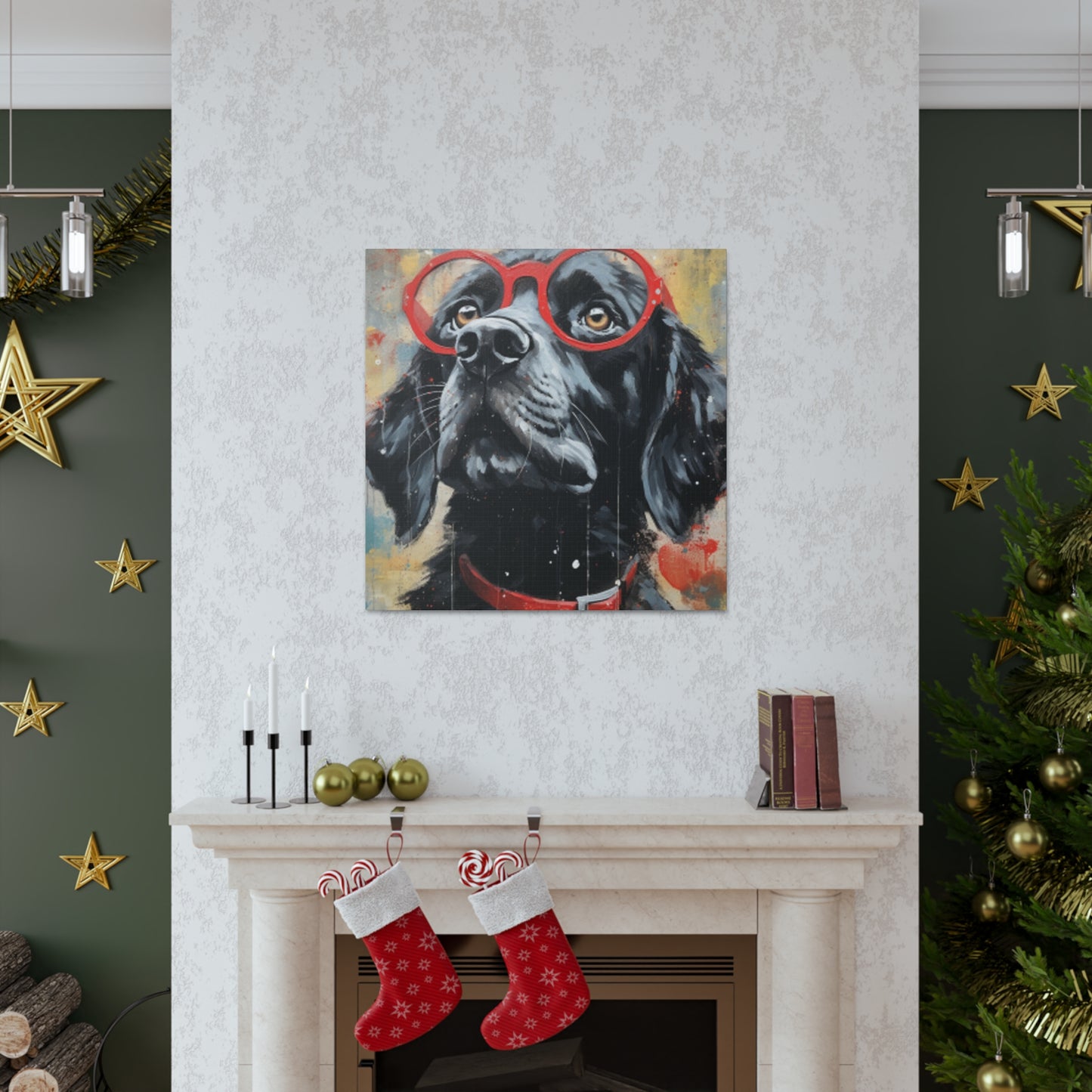 Black Dog In Red Glasses And Red Collar  - Large Wall Art