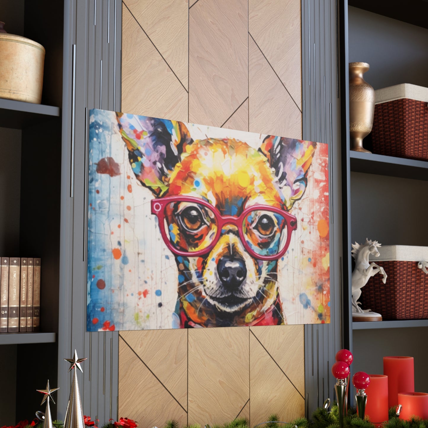 Painting Of A Chihuahua In Red Collar And Glasses With Multi Color Paint Spots - Large Wall Art