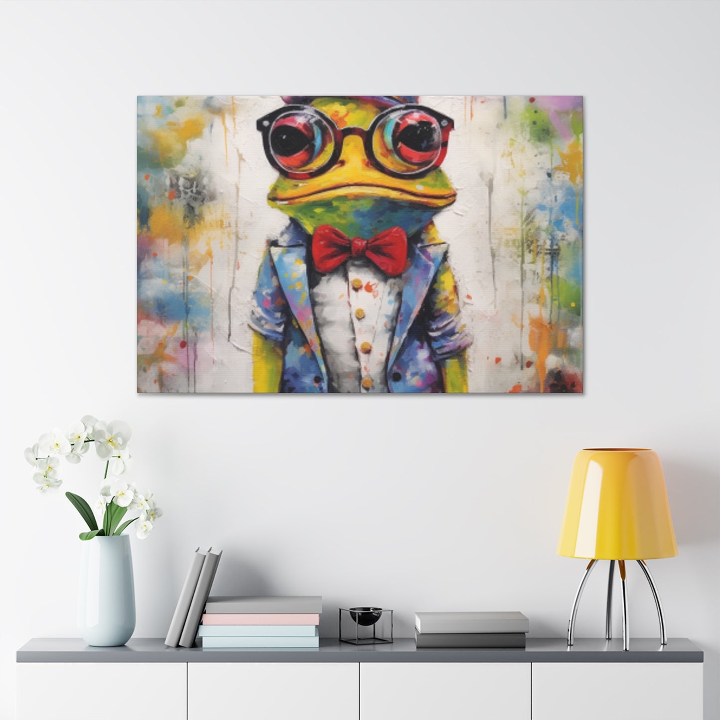 Green Frog Painting In Glasses And Red Bow Tie- Large Wall Art