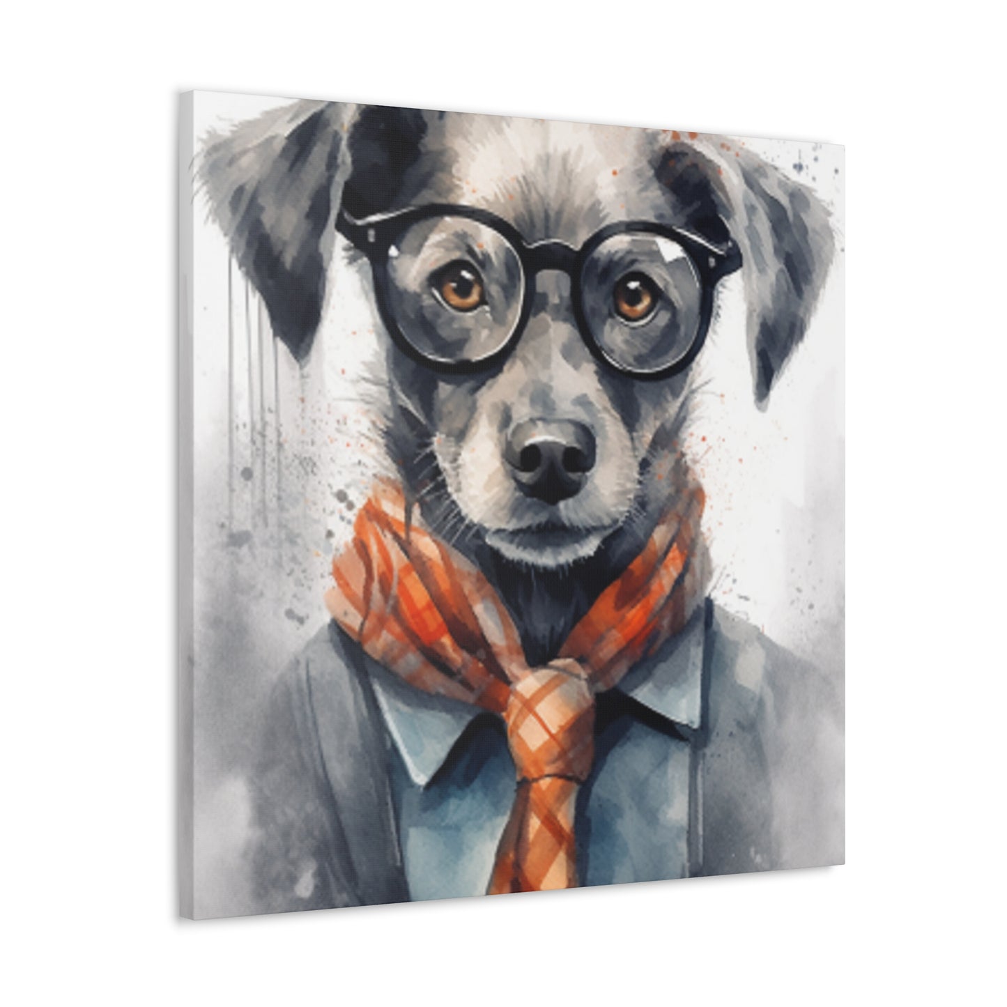 Puppy In Black Glasses, Pops Of Orange- Large Wall Art