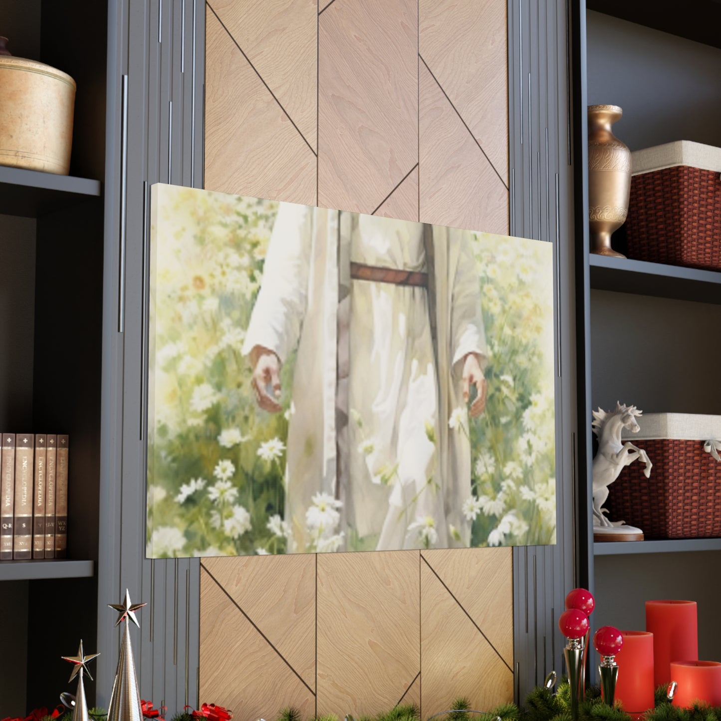 Heavenly Light Shining On Jesus Standing In A Field Of White Flowers - Large Wall Art