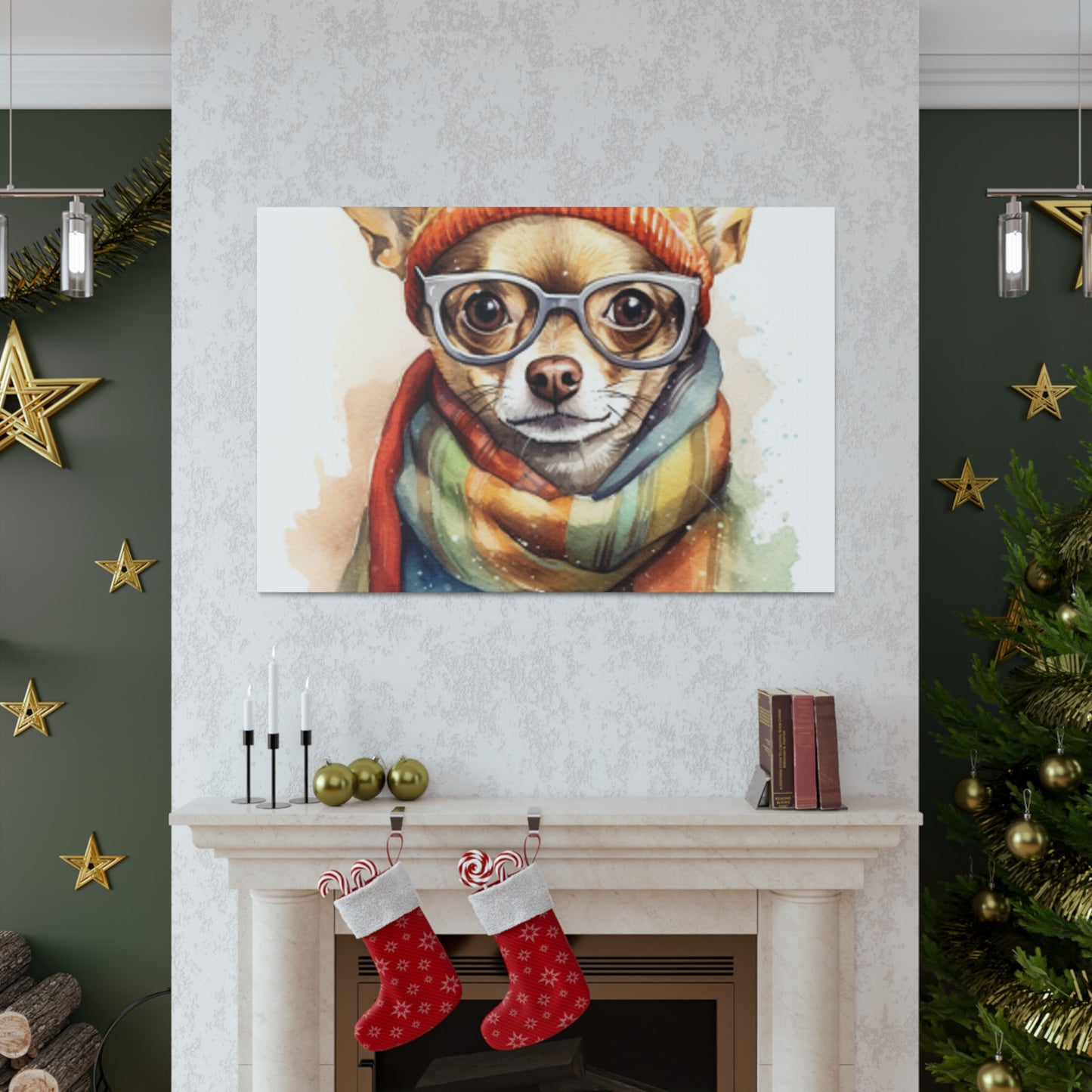 Chihuahua In Orange Beanie, Glasses And Scarf- Large Wall Art