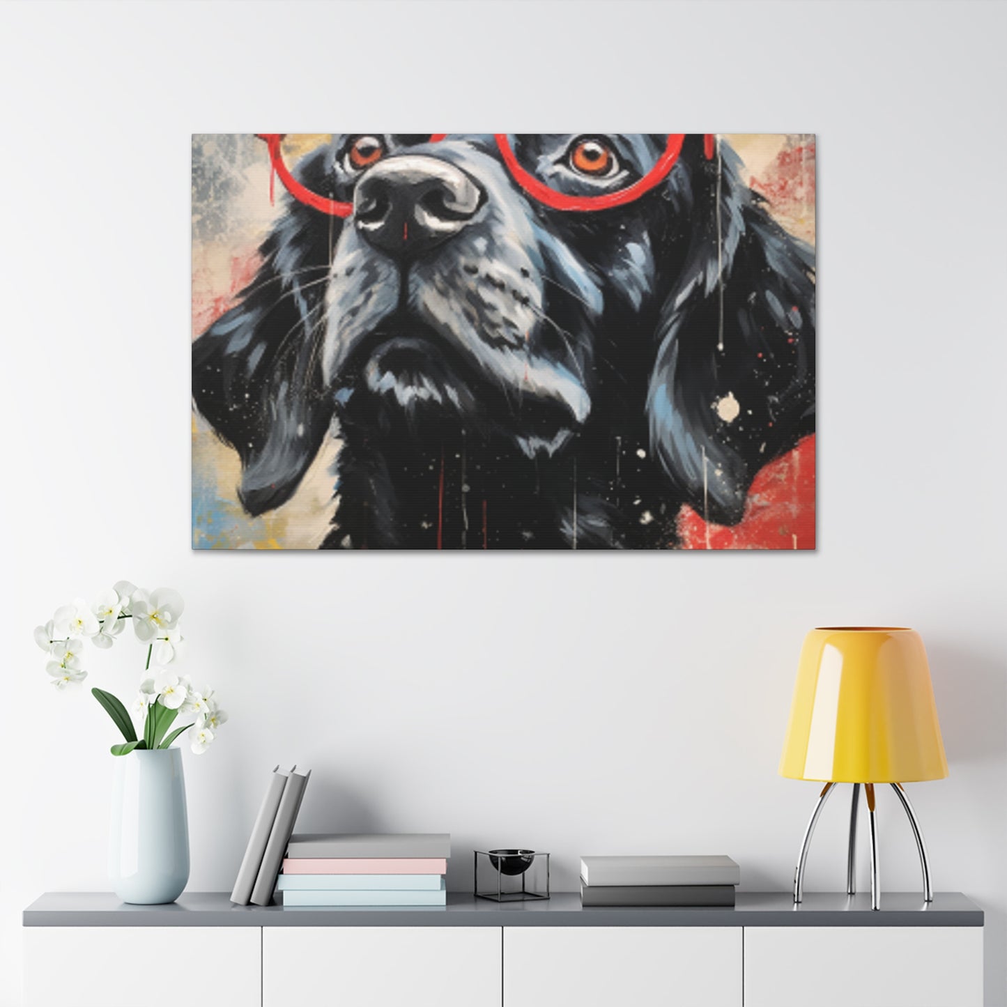 Black Doggy In Big Red Glasses- Large Wall Art