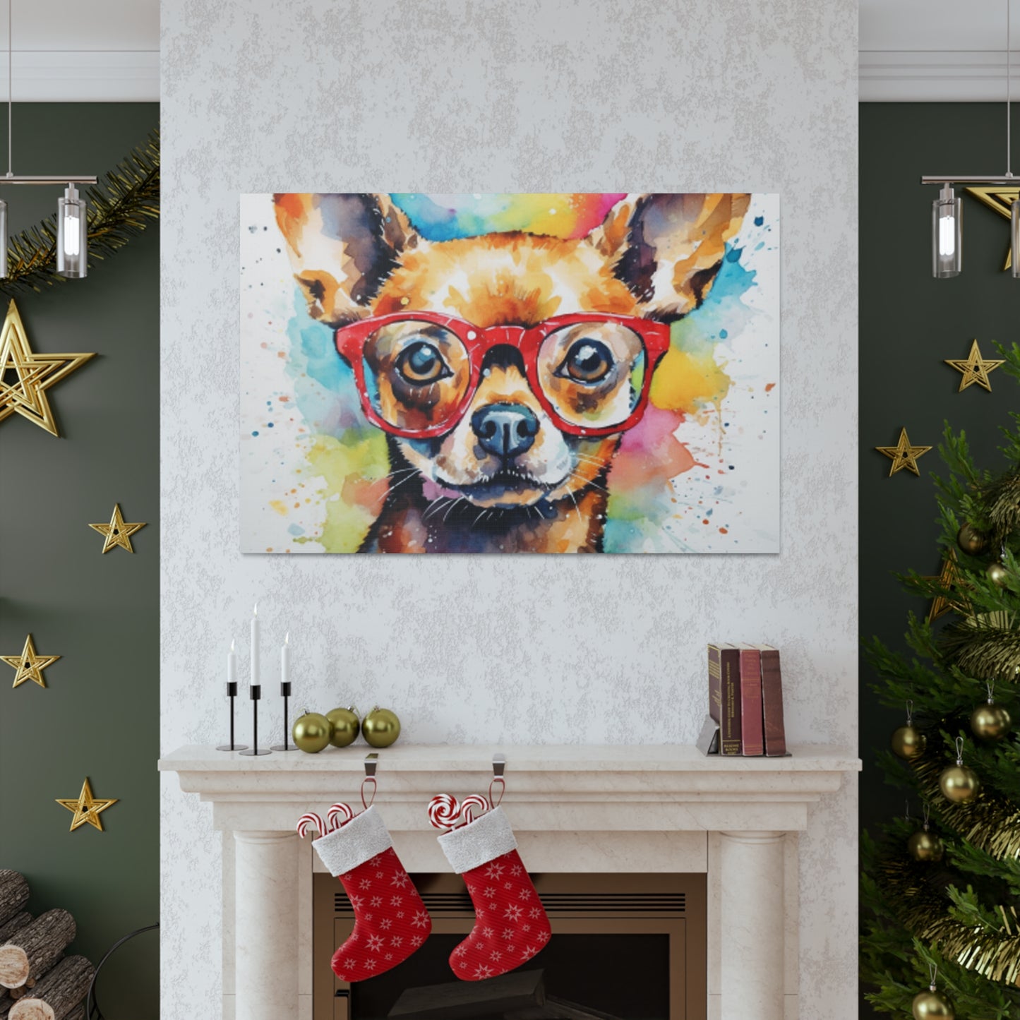 Painting Of A Brown Chihuahua In Glasses, Multi Colored Water Paint Background - Large Wall Art