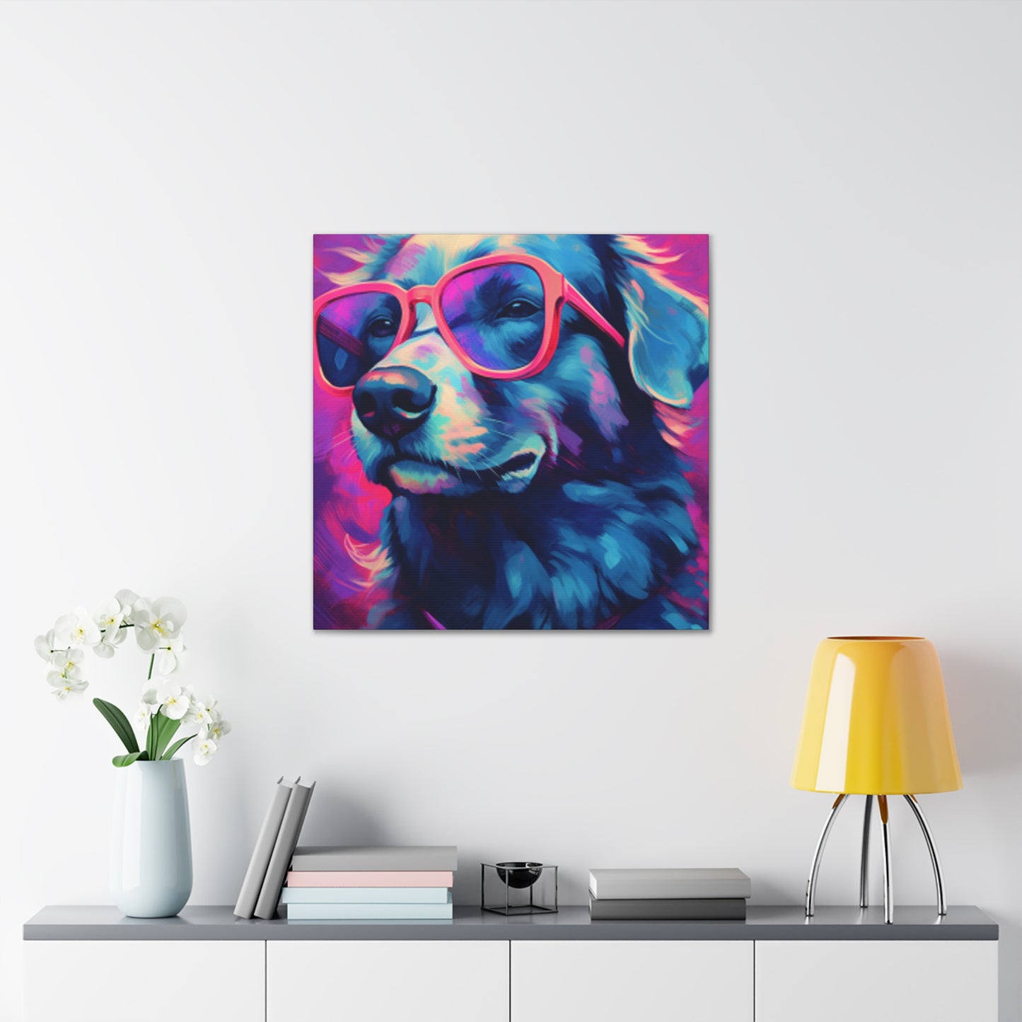 Blue And Purple Dog With Purple Background In Pink Glasses- Large Wall Art