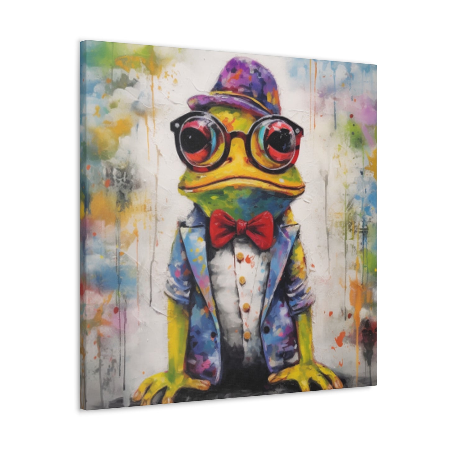 Green Frog Painting In Glasses And Red Bow Tie- Large Wall Art