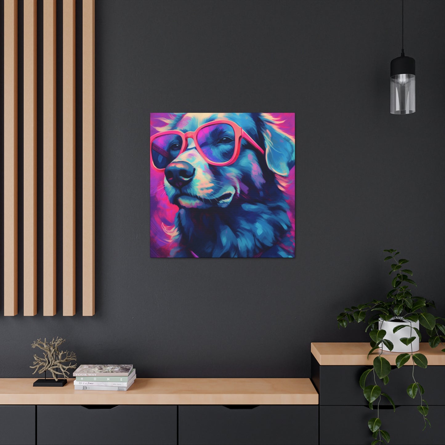 Blue And Purple Dog With Purple Background In Pink Glasses- Large Wall Art