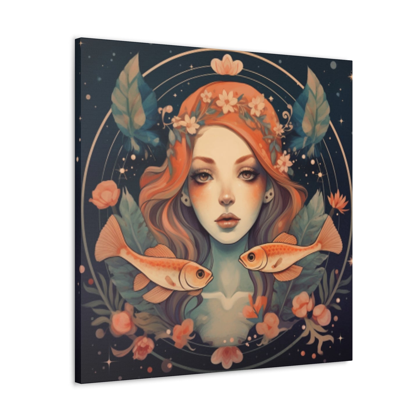 Peaceful, Lofi,  Pisces Fish Girl With Boho Flowers - Large Wall Art