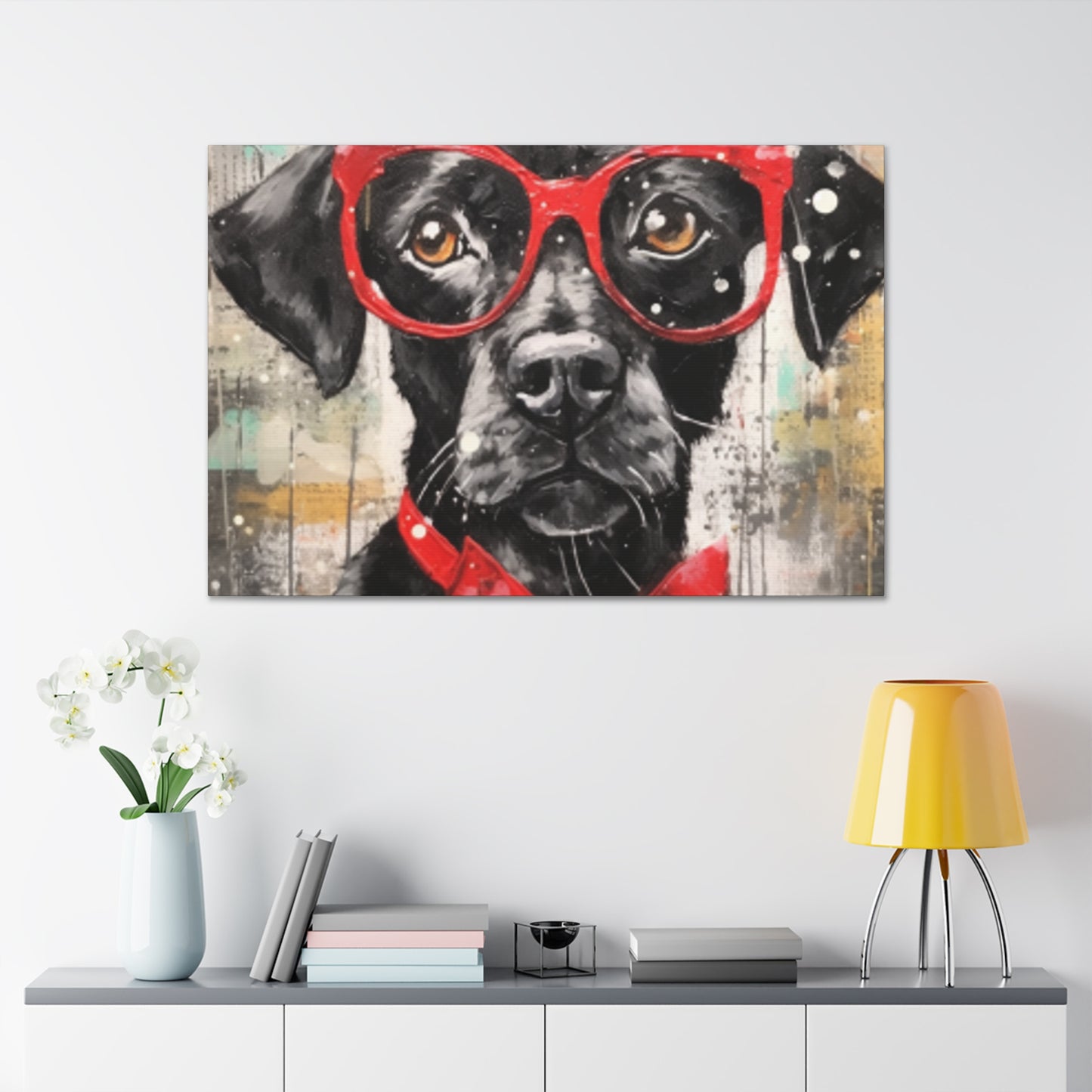 Black Dog, Red Glasses And Red Bow Tie - Large Wall Art