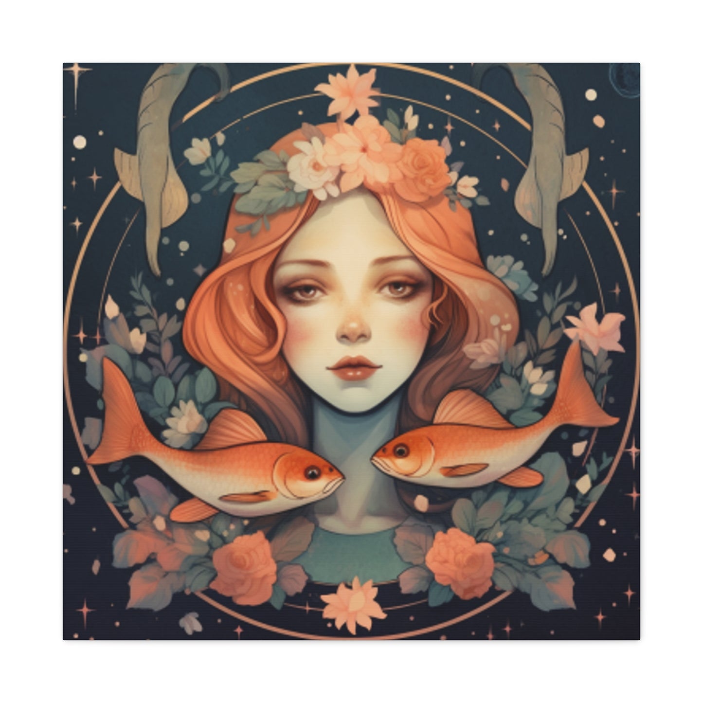 Lofi, Peaceful Pisces Fish Girl With Flowers - Large Wall Art